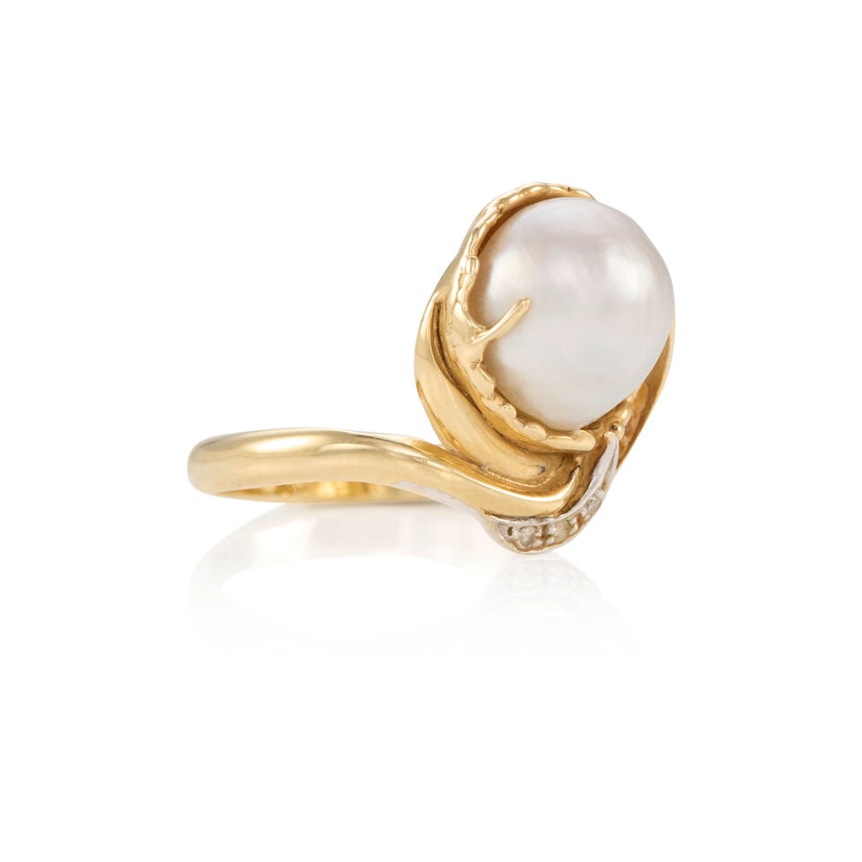 14K GOLD, CULTURED PEARL AND DIAMOND RING - 2