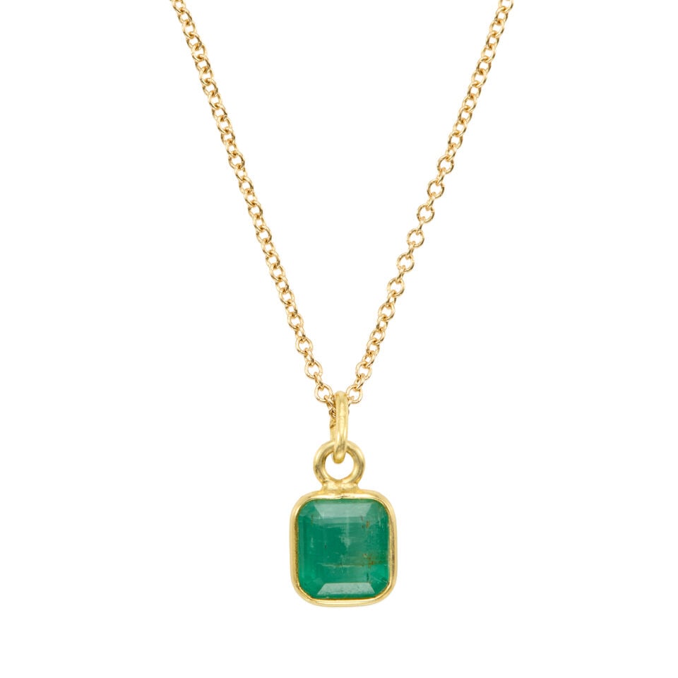 18K GOLD AND EMERALD PENDANT NECKLACE: 18K GOLD AND EMERALD PENDANT NECKLACE • 18K yellow gold • One square shaped emerald weighing approximately 1.60 carats total • Pendant measures 3/8 in. x 1/4 in. • Chain