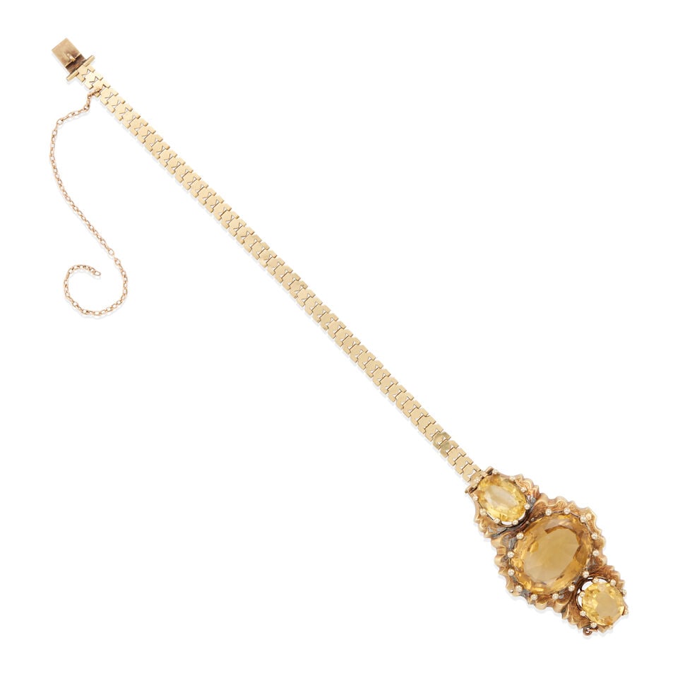 ANTIQUE GOLD AND CITRINE BRACELET: ANTIQUE GOLD AND CITRINE BRACELET • 10k and 14k yellow gold • 3 oval citrines weighing approximately 18.50 - 19.50 carats total • Personal inscription • Length 6 1/4