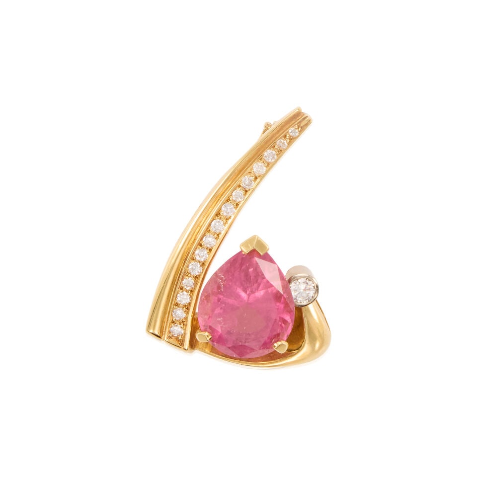 18K GOLD, TOURMALINE AND DIAMOND PENDANT: 18K GOLD, TOURMALINE AND DIAMOND PENDANT • 18k yellow and white gold • Numerous round diamonds weighing approximately 0.18 - 0.28 carat total • 1 pear-shaped tourmaline weighing