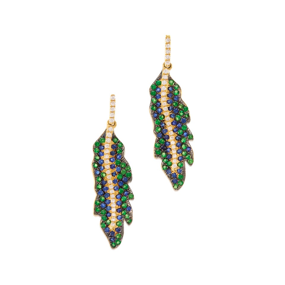 PAIR OF 18K GOLD, DIAMOND AND GEM-SET EARRINGS: PAIR OF 18K GOLD, DIAMOND AND GEM-SET EARRINGS • 18k yellow gold • Numerous round diamonds weighing approximately 0.20 - 0.30 carat total • Numerous round sapphires weighing