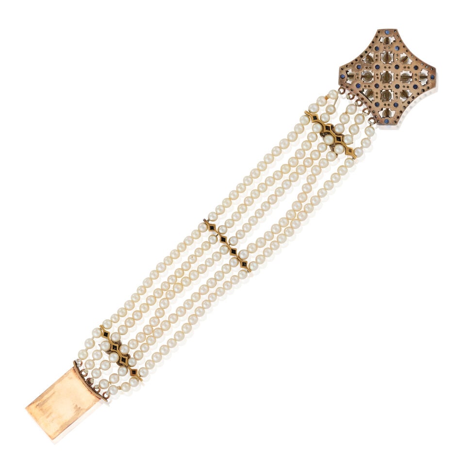 GOLD, SAPPHIRE, AND CULTURED PEARL BRACELET - 3