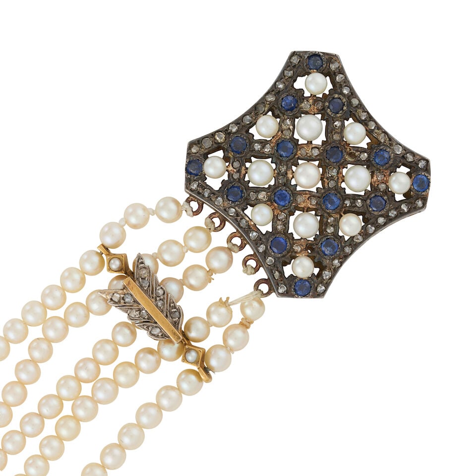 GOLD, SAPPHIRE, AND CULTURED PEARL BRACELET - 4