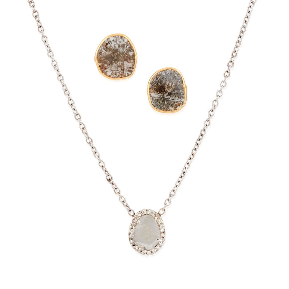 GOLD AND DIAMOND EARRINGS AND NECKLACE: GOLD AND DIAMOND EARRINGS AND NECKLACE • One 14K white gold necklace with a sliced diamond, surrounded by numerous round shaped diamonds, pendant measures 1/2 in. x 7/16 in., chain length 16
