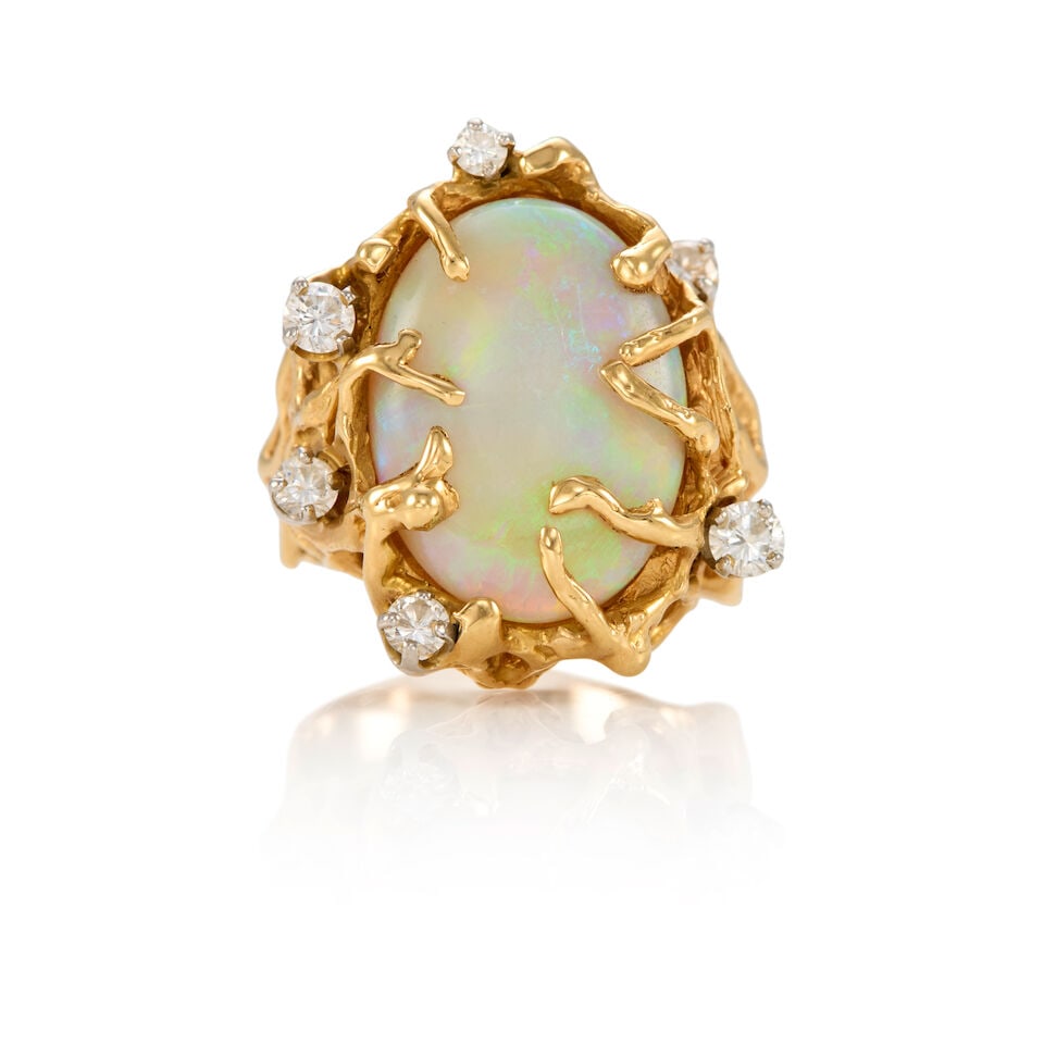 14K GOLD, OPAL AND DIAMOND RING (1 of 2)