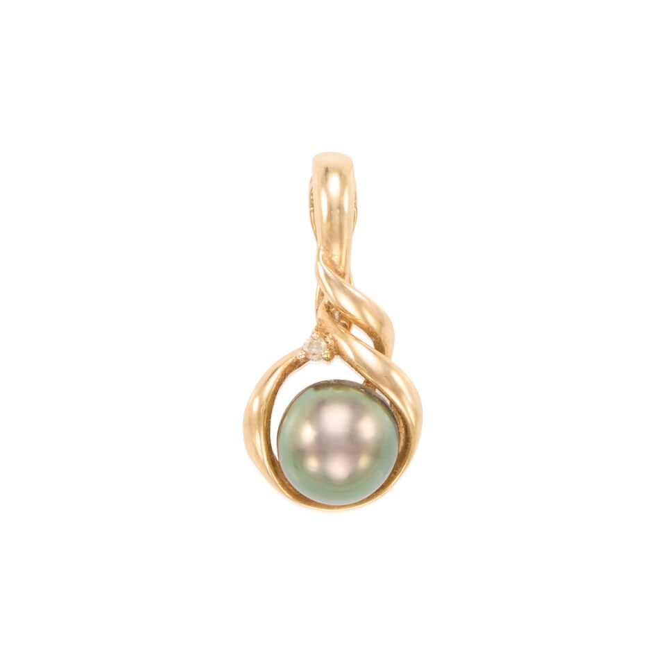 14K GOLD, CULTURED PEARL AND DIAMOND PENDANT: 14K GOLD, CULTURED PEARL AND DIAMOND PENDANT • 14k yellow gold • 1 round diamond weighing approximately 0.02 - 0.04 carat • 1 round cultured pearl measuring approximately 9.61 mm in