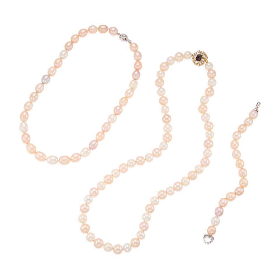 SILVER, GOLD, CULTURED PEARL, AND MUTLIGEM JEWLERY: SILVER, GOLD, CULTURED PEARL, AND MUTLIGEM JEWLERY • One silver bracelet with numerous cultured pearls measuring approximately 11.20mm in diameter, length 7 1/2 in. • One 16K white gold ne