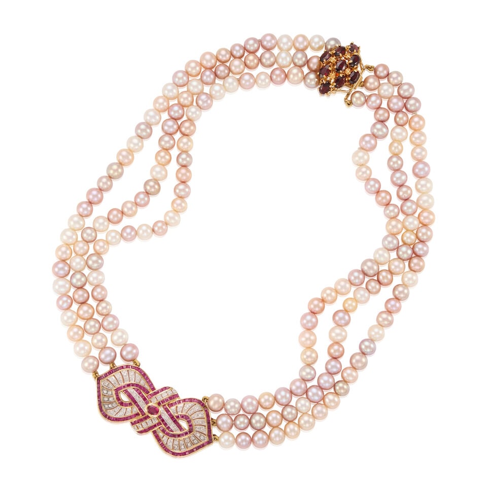 GOLD, CULTURED PEARL, AND MULTIGEM NECKLACE: GOLD, CULTURED PEARL, AND MULTIGEM NECKLACE • 10K and 18K yellow gold • One oval shaped ruby weighing approximately 0.20 carat total • Numerous square shaped rubies weighing