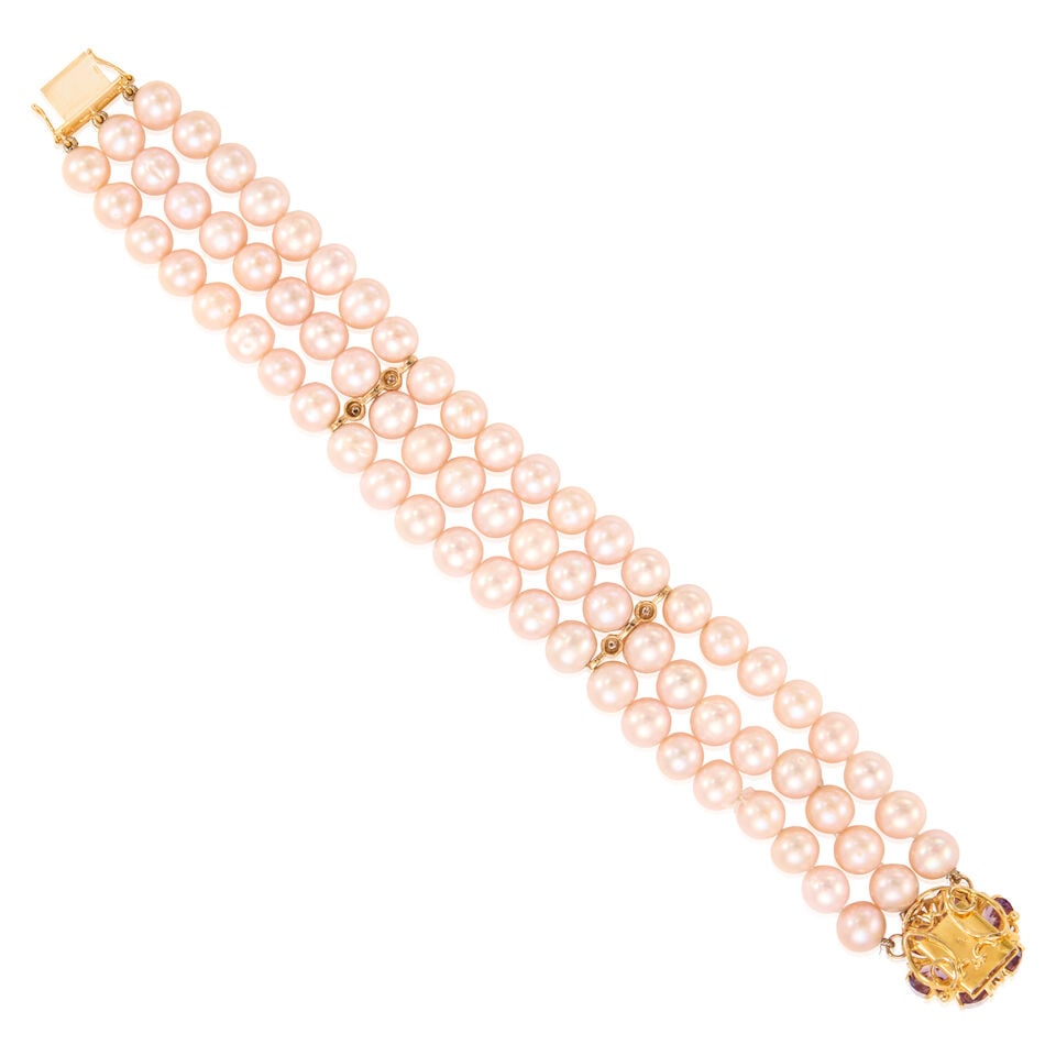 GOLD, CULTURED PEARL, AMETHYST, AND DIAMOND BRACELET - 2