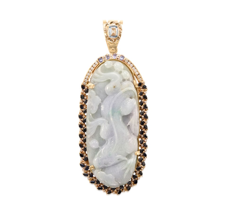 14K GOLD, JADE AND GEM-SET PENDANT: 14K GOLD, JADE AND GEM-SET PENDANT • 14k yellow gold • 1 oval carved jade measuring approximately 92.00mm x 38.00mm x 23.00mm • Numerous round diamonds weighing approximately 1.30 -
