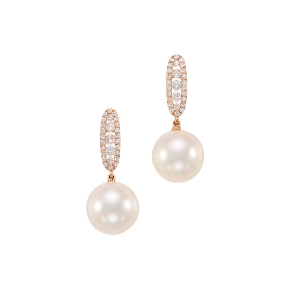 PAIR OF 18K GOLD, DIAMOND AND CULTURED PEARL EARRINGS: PAIR OF 18K GOLD, DIAMOND AND CULTURED PEARL EARRINGS • 18k rose gold • Numerous round diamonds weighing approximately 0.35 - 0.45 carat total • 2 round cultured pearls measuring app