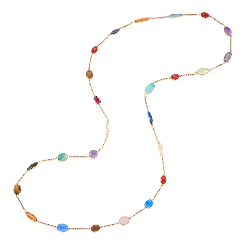 14K GOLD AND GEM-SET NECKLACE: 14K GOLD AND GEM-SET NECKLACE • 14k yellow gold • Numerous gemstones of varying shapes, colors and sizes • Length 48 in. • Estimated gross weight: 50.1 grams Footnotes: Overall