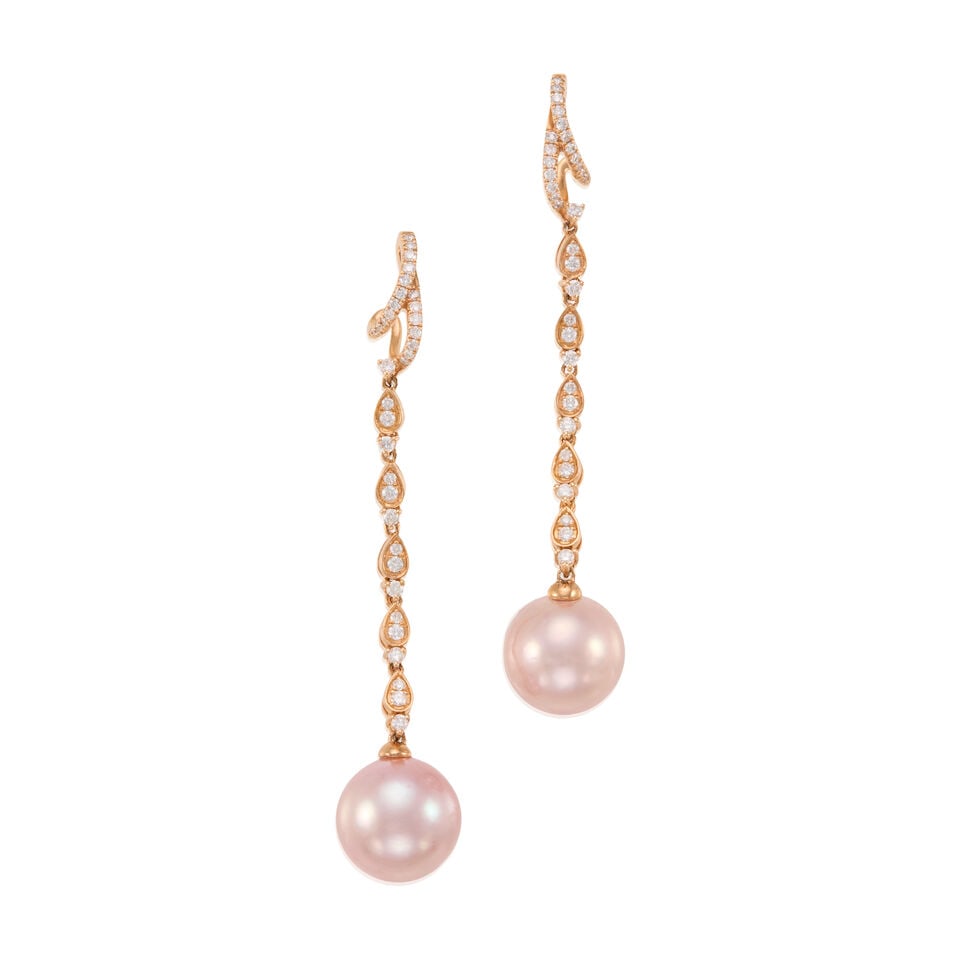 PAIR OF 18K GOLD, DIAMOND AND CULTURED PEARL EARRINGS: PAIR OF 18K GOLD, DIAMOND AND CULTURED PEARL EARRINGS • 18k rose gold • Numerous round diamonds weighing approximately 0.50 - 0.60 carat total • 2 round cultured pearls measuring app