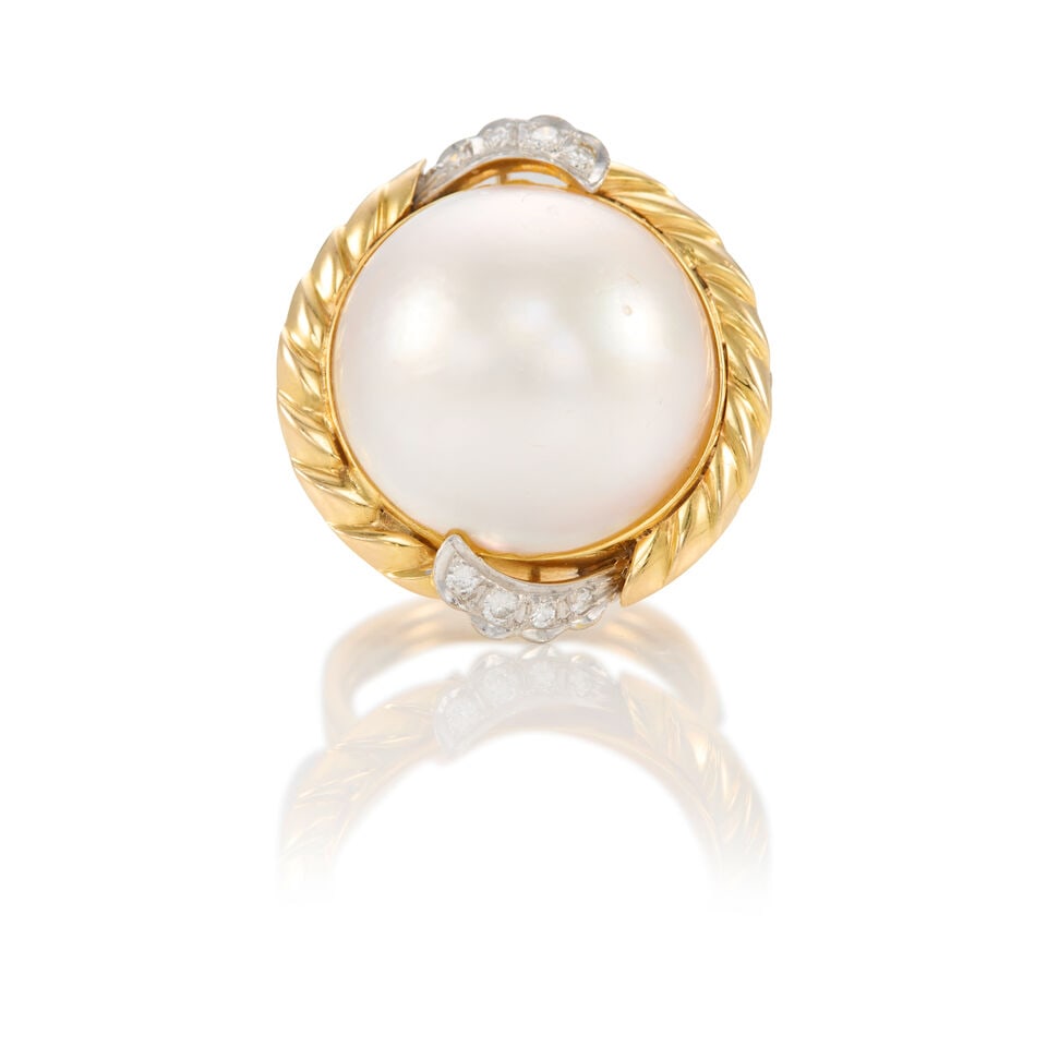 GOLD, CULTURED PEARL, AND DIAMOND RING: GOLD, CULTURED PEARL, AND DIAMOND RING • 16K and 18K yellow gold • One cultured pearl measuring approximately 19.90mm in diameter • Eight round shaped diamonds weighing