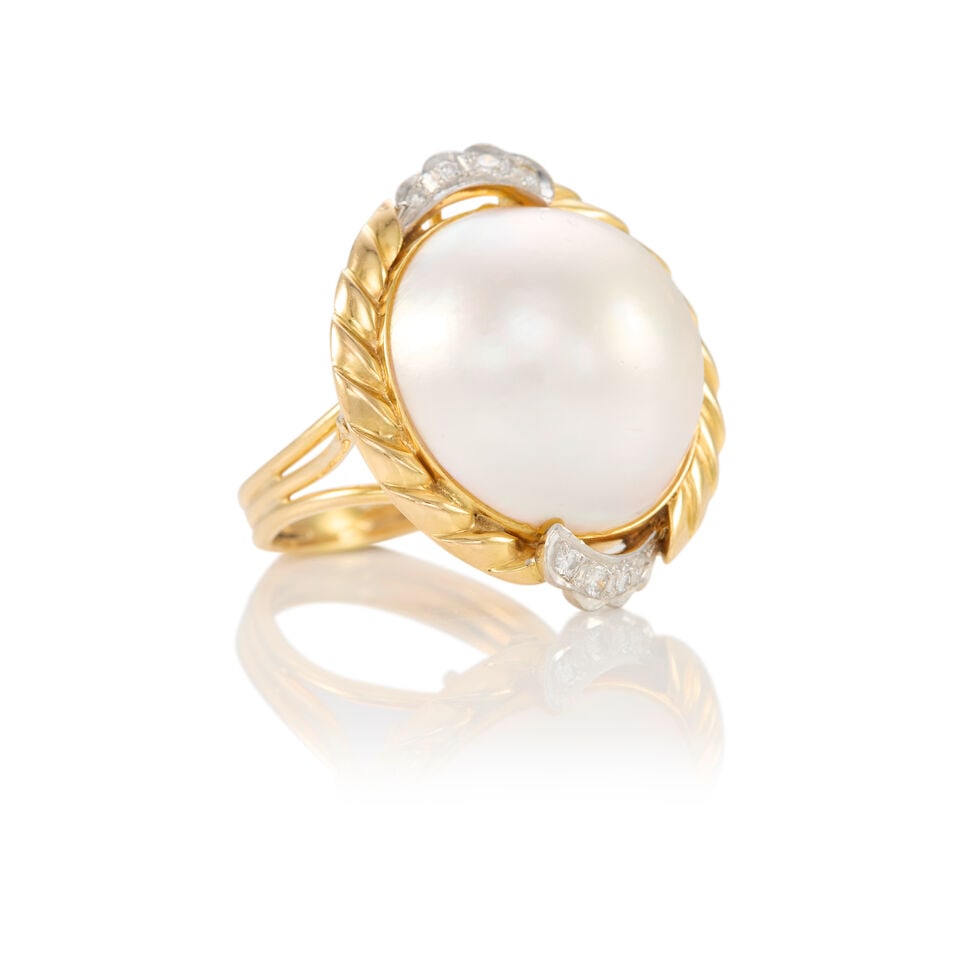 GOLD, CULTURED PEARL, AND DIAMOND RING - 2