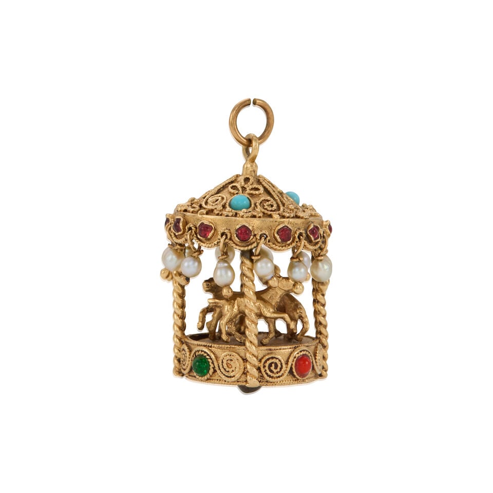 14K GOLD CAROUSEL CHARM/PENDANT: 14K GOLD CAROUSEL CHARM/PENDANT • 14k yellow gold • Numerous round gem-stone simulants • Numerous near round cultured pearls measuring approximately 2.60mm - 2.70mm in