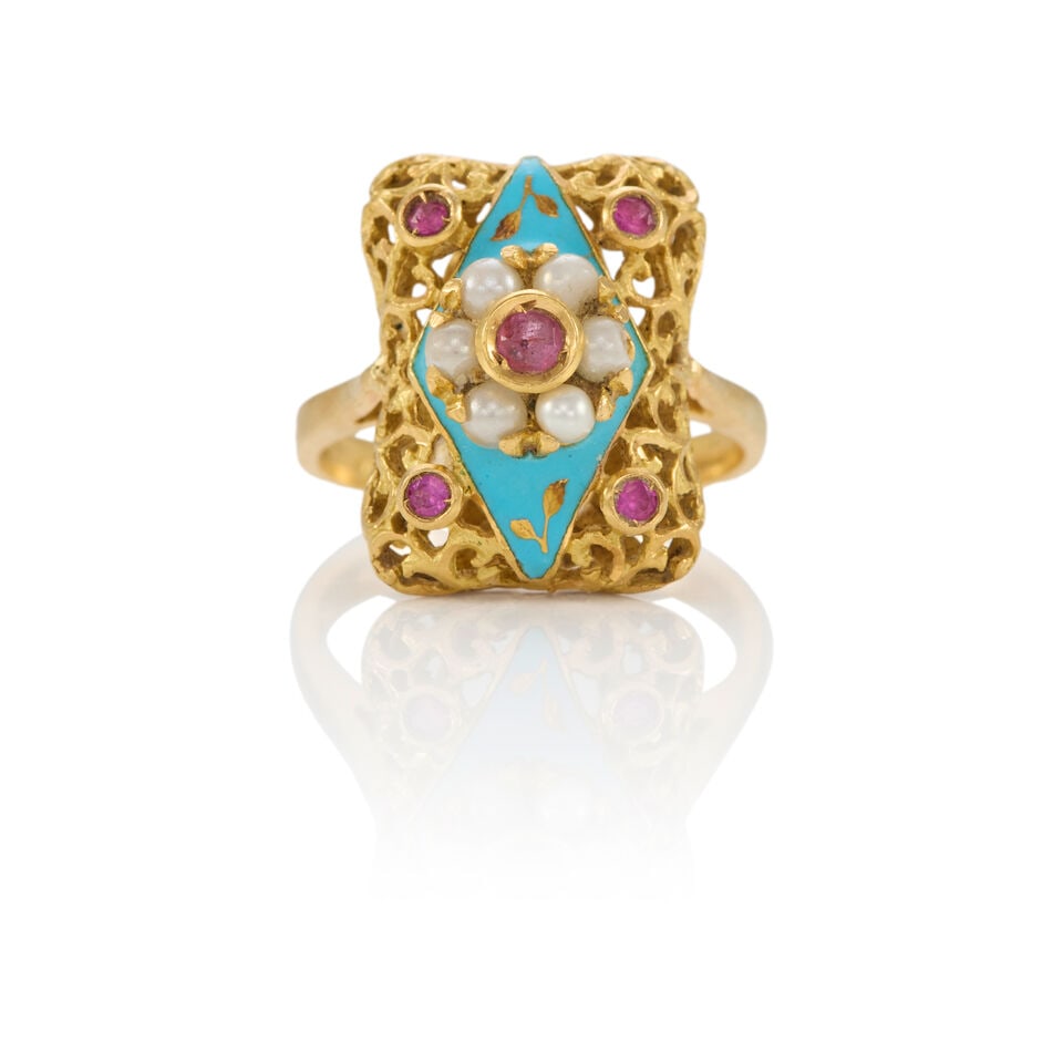 18K GOLD AND ENAMEL RING: 18K GOLD AND ENAMEL RING • 18k yellow gold • 5 round rubies weighing approximately 0.15 - 0.25 carat total • 6 round synthetic pearls • Blue enamel accent • Maker's