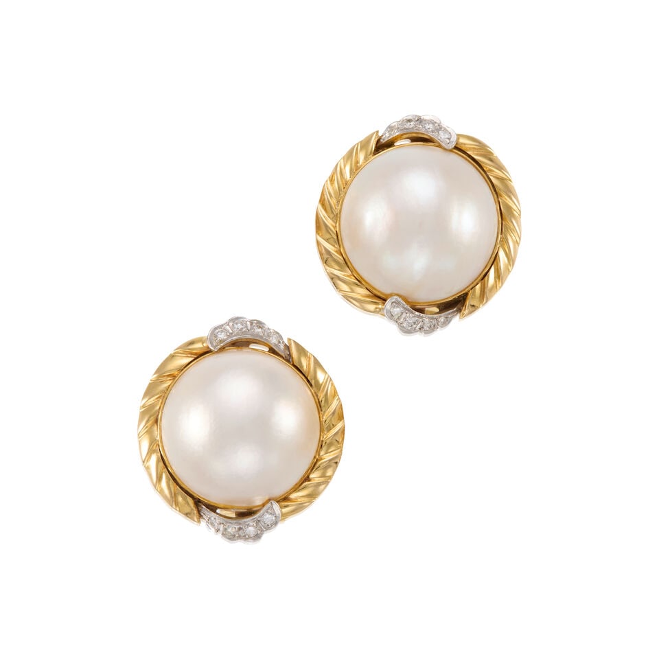 14K GOLD AND CULTURED PEARL EARRINGS: 14K GOLD AND CULTURED PEARL EARRINGS • 14K yellow gold • Two cultured pearls measuring approximately 19.21mm in diameter • Numerous round shaped diamonds weighing approximately 0.15