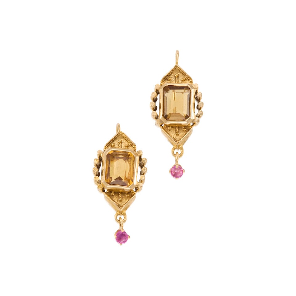14K GOLD, CITRINE, AND SAPPHIRE EARRINGS: 14K GOLD, CITRINE, AND SAPPHIRE EARRINGS • 14K yellow gold • Two square shaped citrines measuring approximately 2.80 carats total • Two round shaped sapphires weighing approximately 