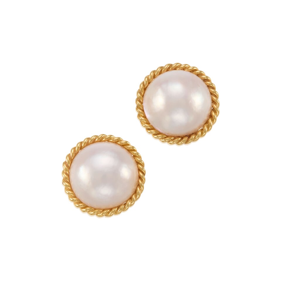 MIKIMOTO: 18K GOLD AND CULTURED PEARL EARRINGS: MIKIMOTO: 18K GOLD AND CULTURED PEARL EARRINGS • 18K yellow gold • Two cultured pearls measuring approximately 13.75mm in diameter • With maker's mark • Measures 3/4 in. x 1/2