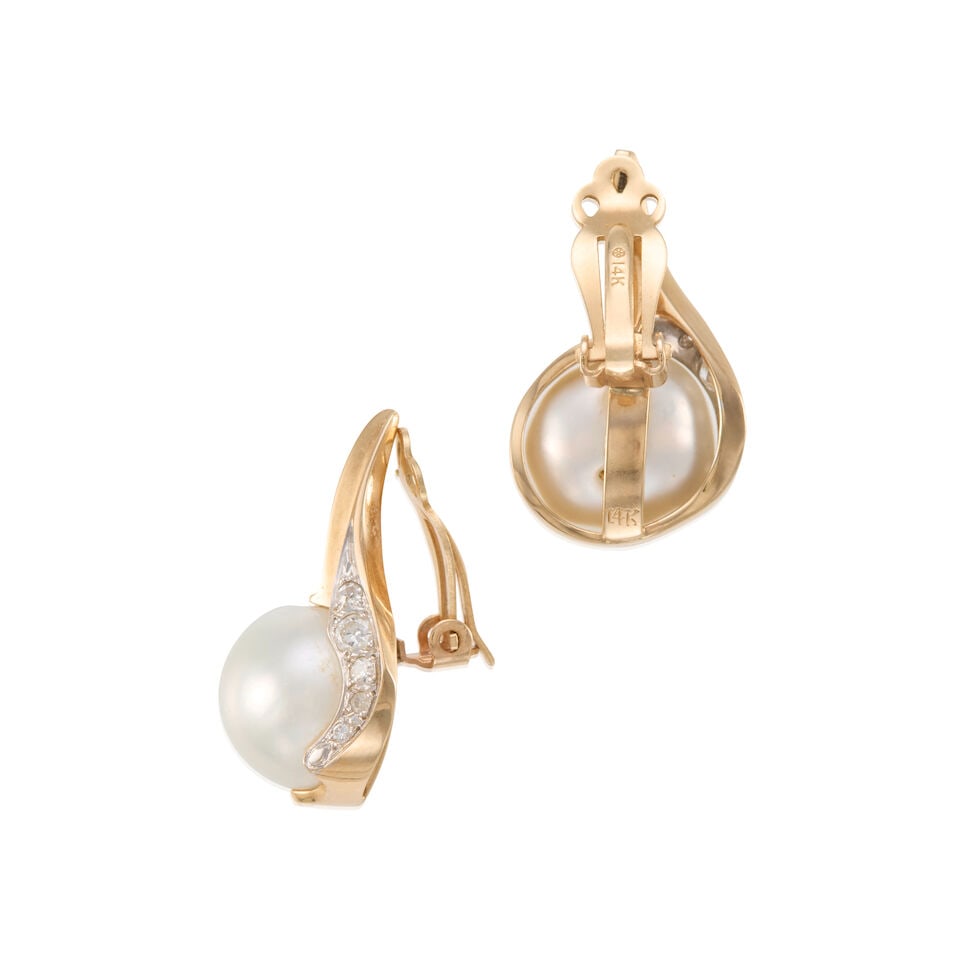 PAIR OF 14K GOLD, CULTURED PEARL AND DIAMOND EARCLIPS - 2