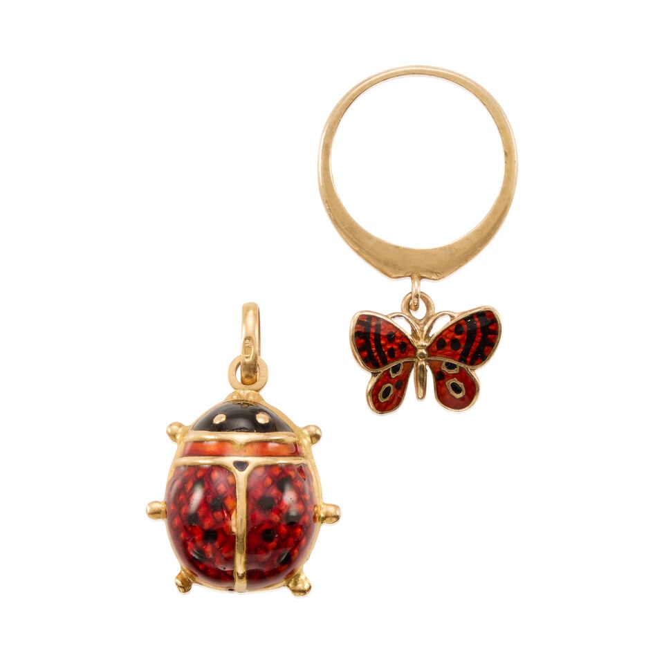 14K GOLD AND ENAMEL RING AND PENDANT: 14K GOLD AND ENAMEL RING AND PENDANT • One 14K yellow gold ring with a 14K gold and enamel butterfly charm, size 5 3/4 • One 14K yellow gold enamel ladybug pendant, measures 1 in. x 3/4