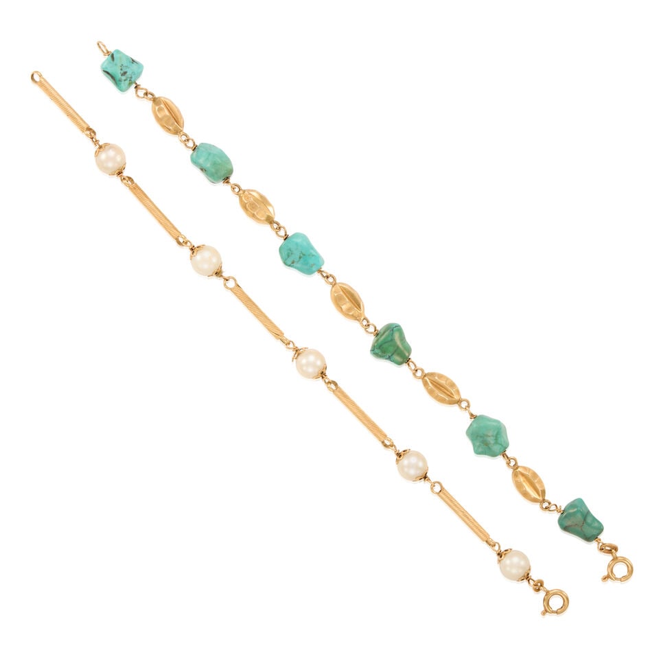 18K GOLD, CULTURED PEARL AND TURQUOISE BRACELETS: 18K GOLD, CULTURED PEARL AND TURQUOISE BRACELETS • One 18K yellow gold bracelet with five cultured pearls measuring approximately 7.60mm in diameter, length 7 in. • One 18K yellow gold