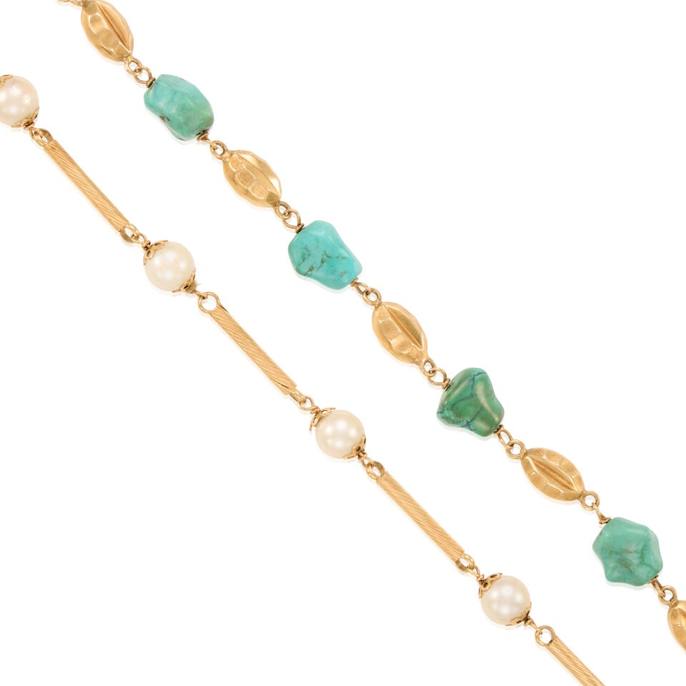 18K GOLD, CULTURED PEARL AND TURQUOISE BRACELETS - 2