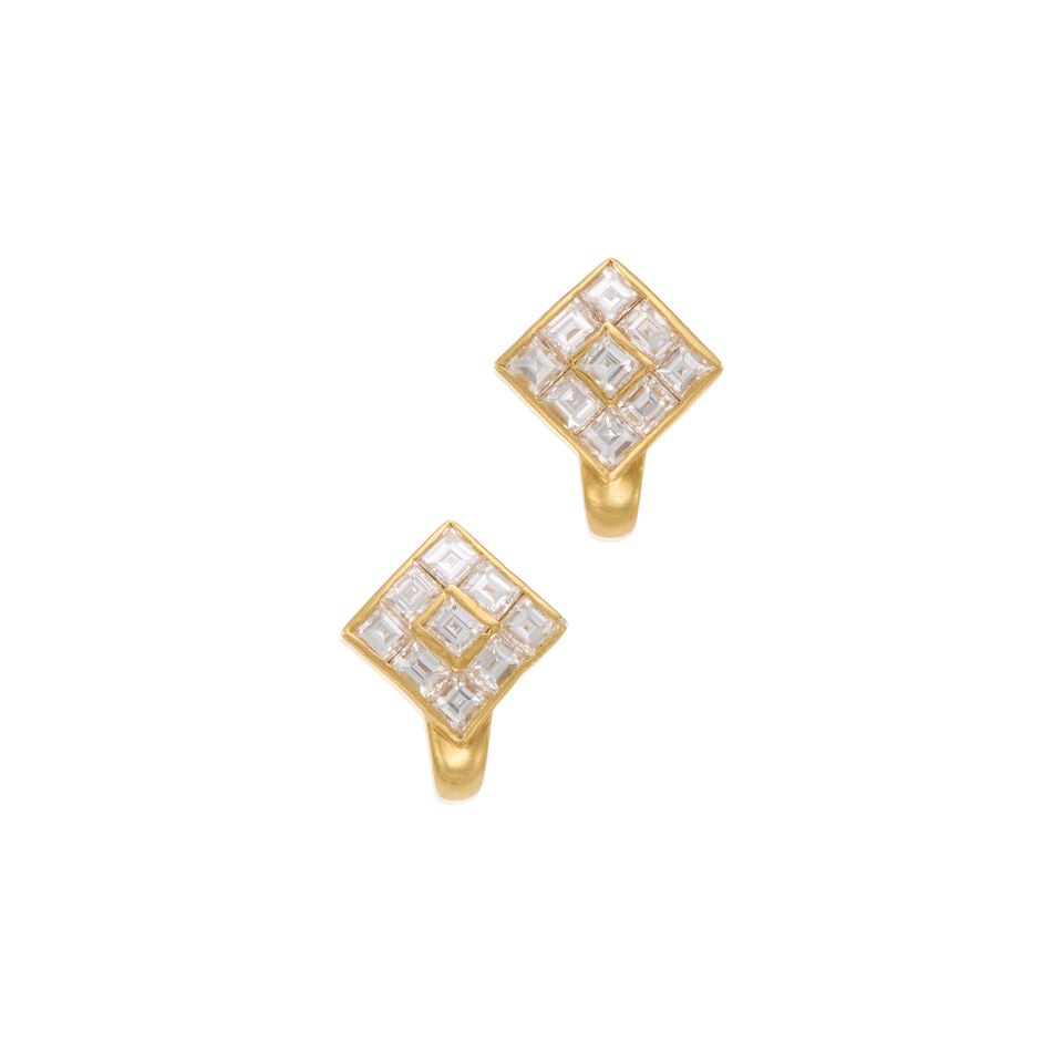18K BICOLOR GOLD AND DIAMOND EARRINGS: 18K BICOLOR GOLD AND DIAMOND EARRINGS • 18K yellow and white gold • Numerous square shaped diamonds weighing approximately 0.50 carat total • Measures 5/8 in. x 1/2 in. •