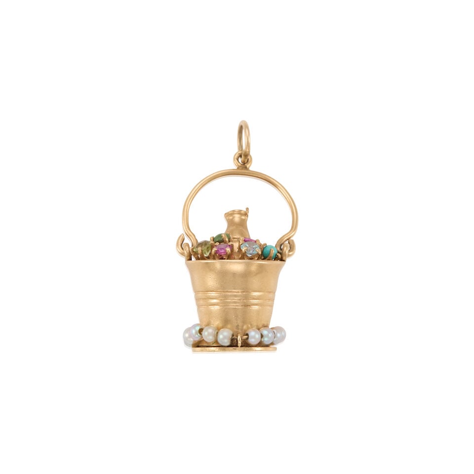 14K GOLD AND GEM-SET CHAMPAGNE BUCKET CHARM/PENDANT: 14K GOLD AND GEM-SET CHAMPAGNE BUCKET CHARM/PENDANT • 14k yellow gold • Multiple accent gems including turquoise, ruby, and amethyst • Numerous round cultured pearls measuring approx