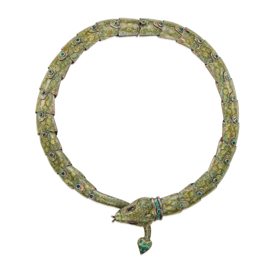 MARGOT DE TAXCO: ENAMEL SNAKE NECKLACE: MARGOT DE TAXCO: ENAMEL SNAKE NECKLACE • Silver • Enamel throughout piece • Signed MARGOT DE TAXCO, with maker's mark • Inner circumference 14 in., fully articulated • Es