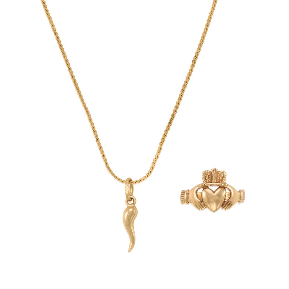 GOLD RING AND PENDANT NECKALCE: GOLD RING AND PENDANT NECKALCE • One 9K yellow gold ring, size 5 1/4 • One 14K yellow gold necklace, pendant measures 3/4 in. x 3/16 in., chain length 18 in. • Estimated gross