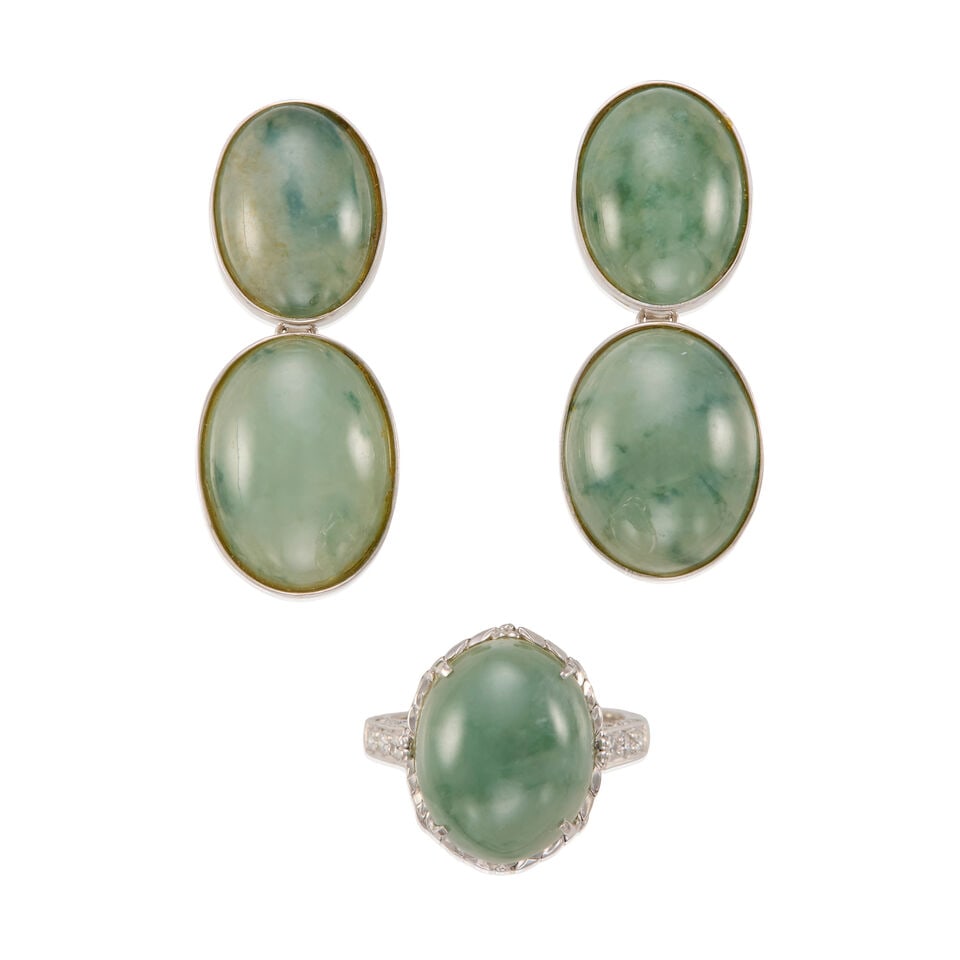 14K GOLD, JADE AND DIAMOND SET: 14K GOLD, JADE AND DIAMOND SET • Pair of earrings of 14k white gold with 4 oval jades measuring approximately 17.70 x 12.90 x 6.14 mm and 19.78 x 15.13 x 7.43 mm, measures 1 5/8 x 3/4 in.