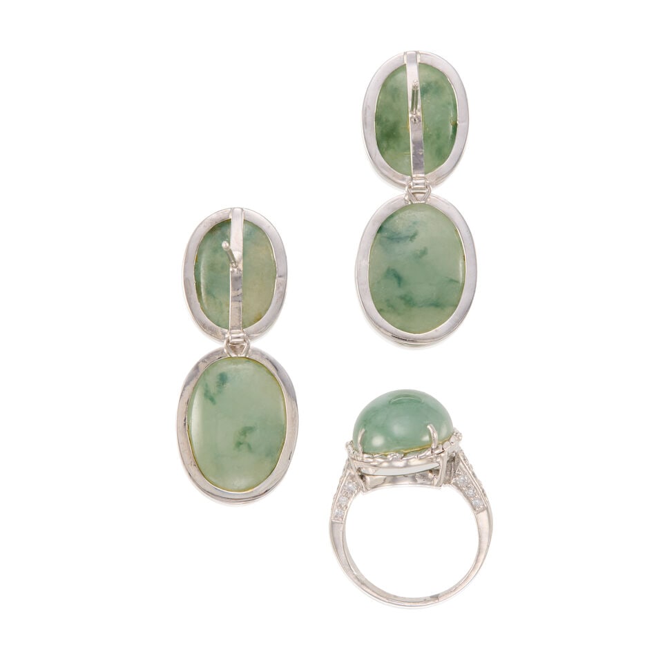 14K GOLD, JADE AND DIAMOND SET - 2