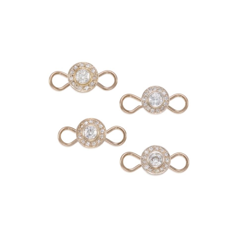 14K GOLD AND DIAMOND STUDS SET: 14K GOLD AND DIAMOND STUDS SET • 14K white gold • Numerous round shaped diamonds weighing approximately 1.80 carats total • Length 13/16 in. • Estimated gross weight: 11.9