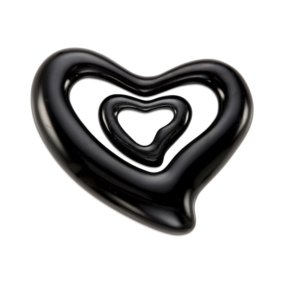 ATTRIBUTED TO ELSA PERRETTI FOR TIFFANY AND CO.: TWO PENDANTS: ATTRIBUTED TO ELSA PERRETTI FOR TIFFANY AND CO.: TWO PENDANTS • One heart shaped pendant, lacquer covered hardwood, measuring approximately 3 1/4 in. x 3 1/2 in. • One heart shaped black j