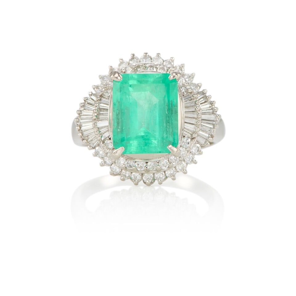 PLATINUM, EMERALD AND DIAMOND RING: PLATINUM, EMERALD AND DIAMOND RING • Platinum • Numerous round and rectangular diamonds weighing approximately 1.40 - 1.60 carat total • 1 rectangular emerald weighing approximately