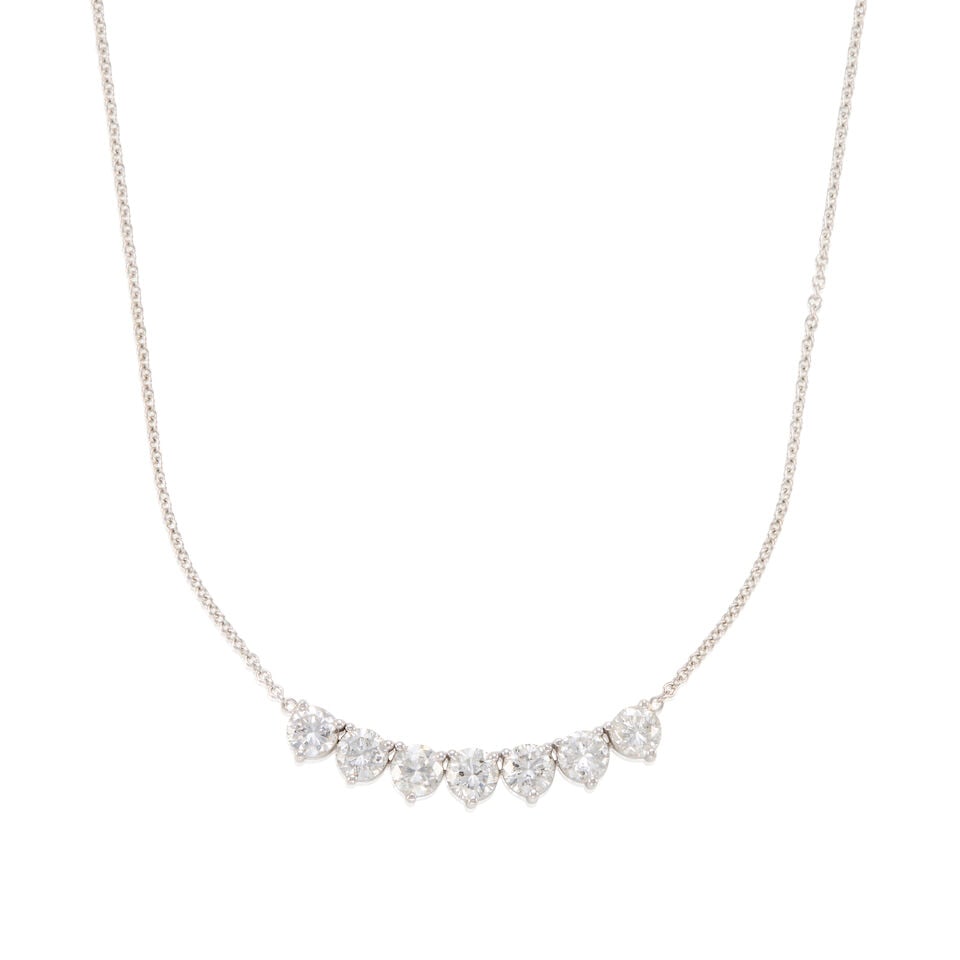 14K GOLD AND DIAMOND NECKLACE: 14K GOLD AND DIAMOND NECKLACE • 14k white gold • 7 round diamonds weighing approximately 3.70 - 3.80 carat total • Length 22 in. • Estimated gross weight: 6.0