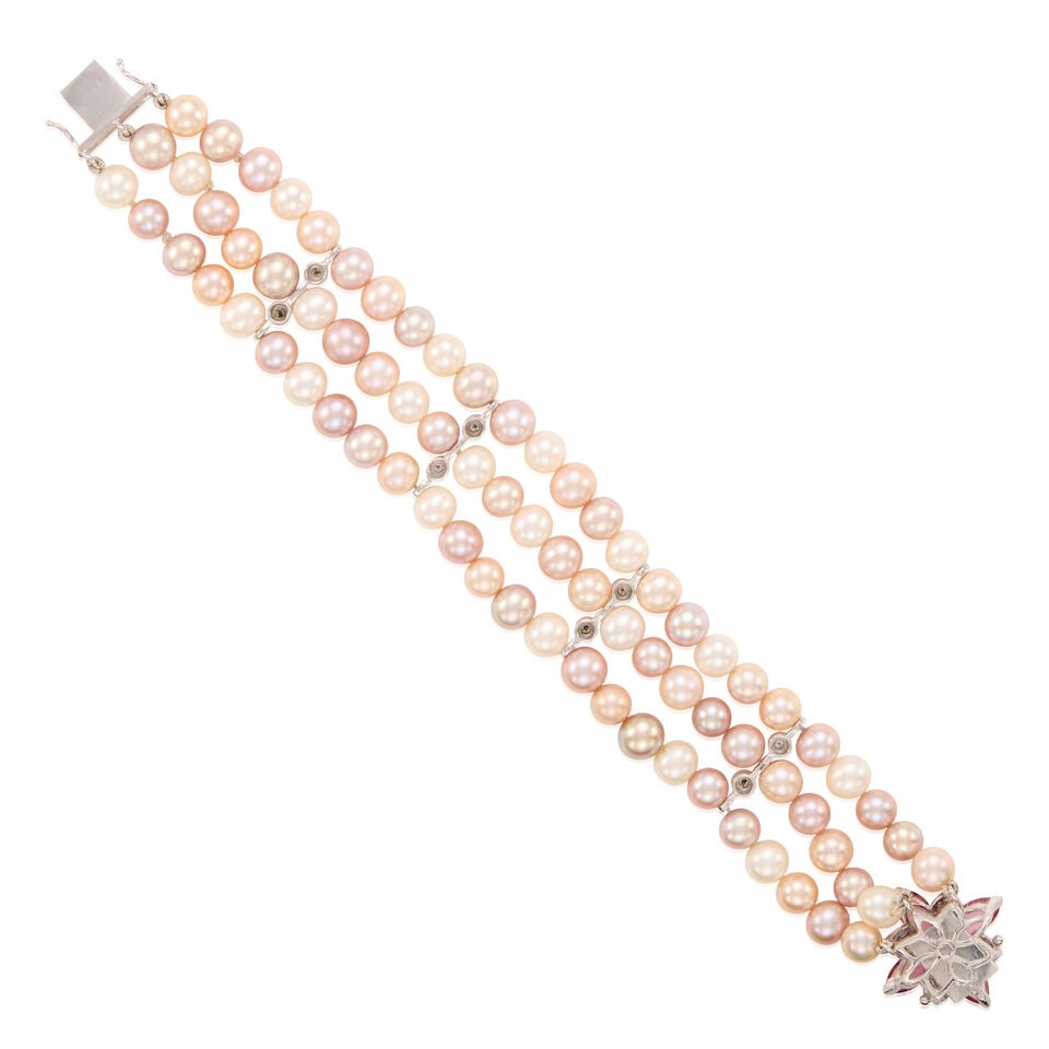 14K GOLD, CULTURED PEARL, TOURMALINE, AND DIAMOND BRACELET - 2