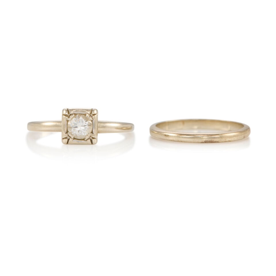 TWO 14K GOLD AND DIAMOND RINGS: TWO 14K GOLD AND DIAMOND RINGS • One 14K white gold ring, size 6 1/4 • One 14K white gold ring with a round shaped diamond weighing approximately 0.33 carat, size 3 3/4 • Estimated