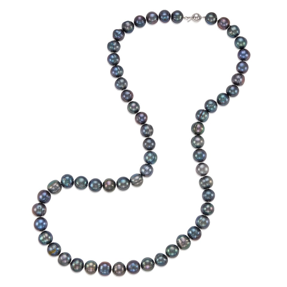 18K GOLD AND CULTURED PEARL NECKLACE: 18K GOLD AND CULTURED PEARL NECKLACE • 18k white gold • Numerous semi-baroque to round cultured pearls mearing approximately 10.75mm - 12.10mm in diameter • Length 27 1/4 in. •