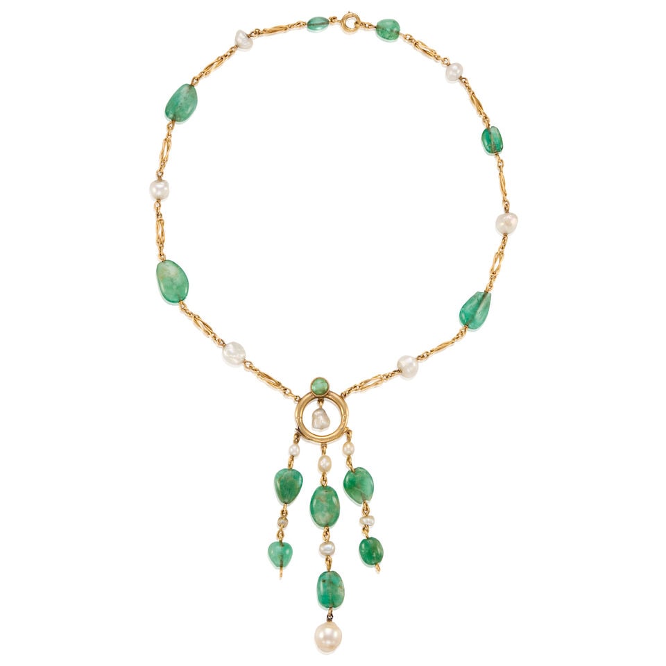 18K GOLD, EMERLAD, AND CULTURED PEARL NECKLACE: 18K GOLD, EMERLAD, AND CULTURED PEARL NECKLACE • 18K yellow gold • Numerous emerald beads in various shapes measuring approximately 4.81mm to 10.28mm in diameter • Numerous cultured