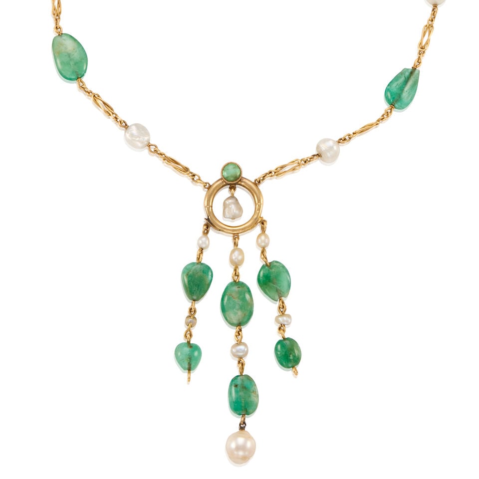 18K GOLD, EMERLAD, AND CULTURED PEARL NECKLACE - 2