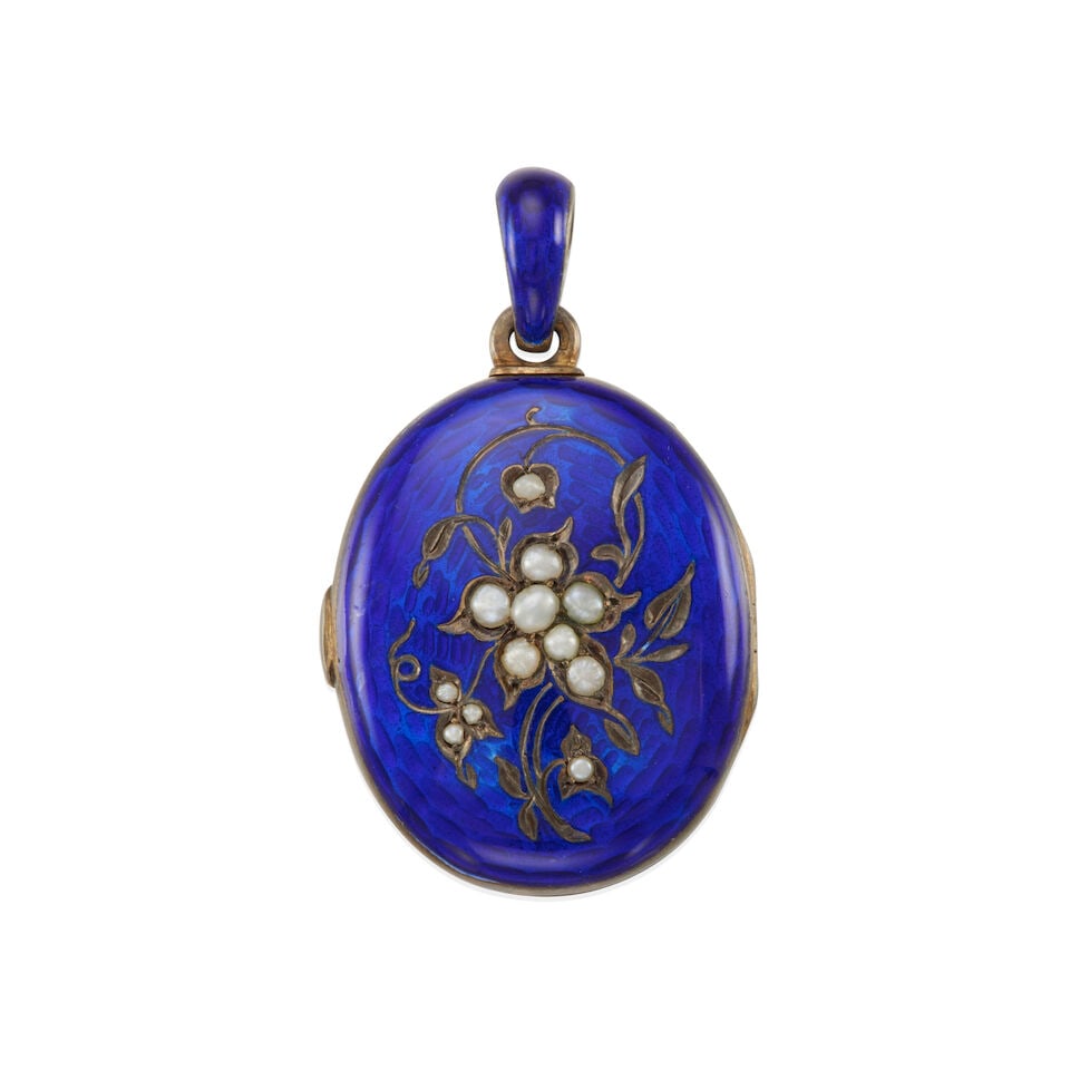ANTIQUE ENAMEL LOCKET: ANTIQUE ENAMEL LOCKET • Silver, worn gold-plating • 12 near-round cultured pearls measuring approximately 1.62mm - 3.63mm in diameter • Personal inscription, included date