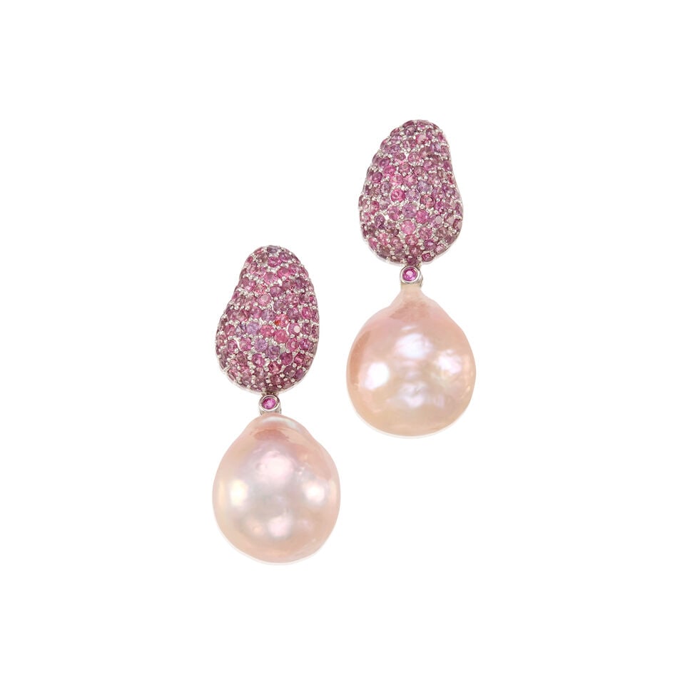 PAIR OF 18K GOLD, CULTURED PEARL AND PINK SAPPHIRE EARRINGS: PAIR OF 18K GOLD, CULTURED PEARL AND PINK SAPPHIRE EARRINGS • 18k white gold • Numerous round pink sapphires measuring approximately 1.60mm - 1.65mm in diameter • 2 baroque cultured