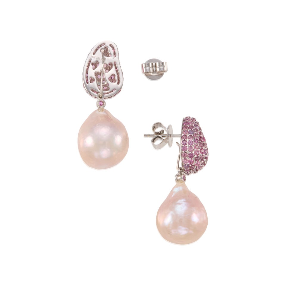 PAIR OF 18K GOLD, CULTURED PEARL AND PINK SAPPHIRE EARRINGS - 3