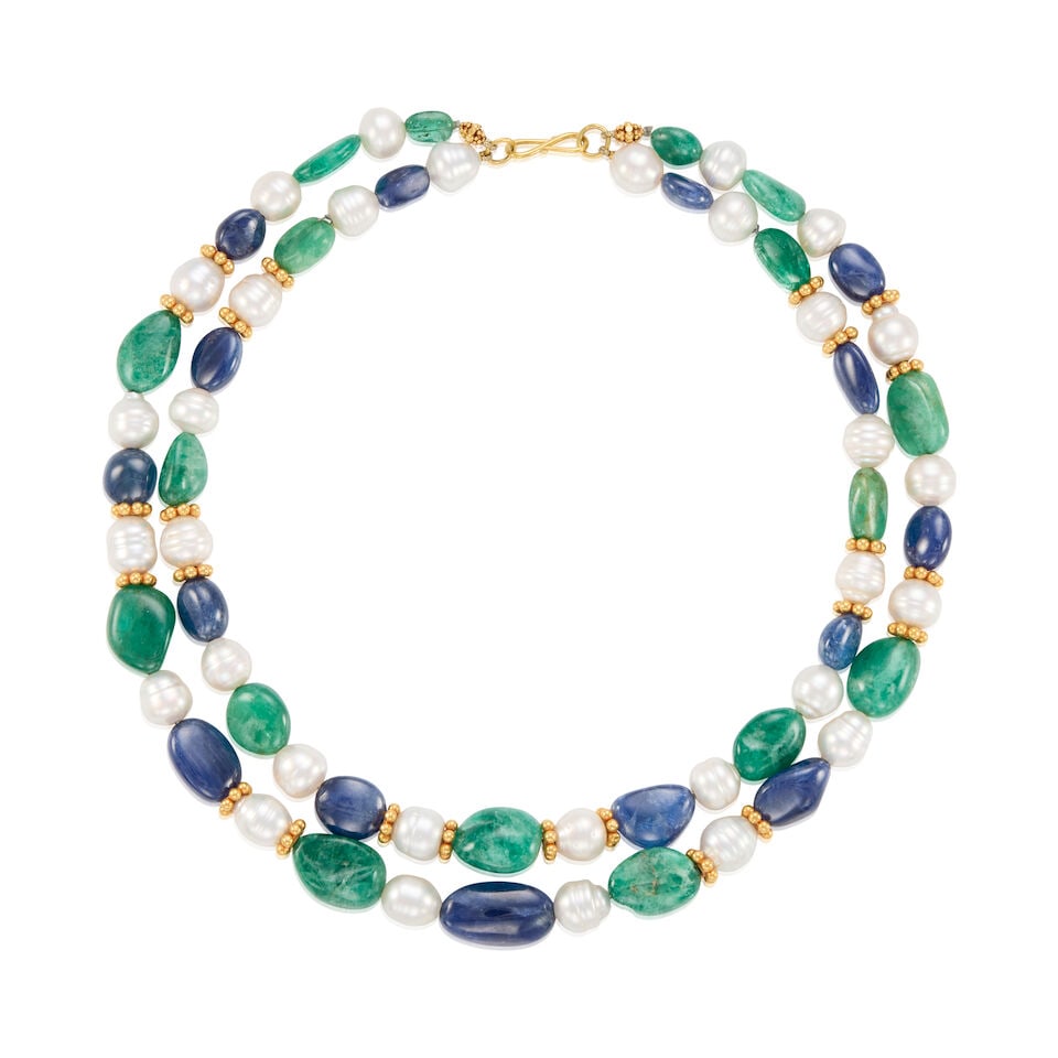 14K GOLD, CULTURED PEARL, AND MULTIGEM NECKLACE: 14K GOLD, CULTURED PEARL, AND MULTIGEM NECKLACE • 14k yellow gold • Numerous cultured pearls measuring approximately 11.60mm in diameter • Numerous sapphires in various shapes