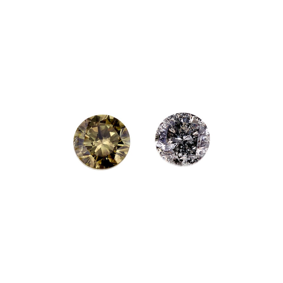 TWO LOOSE COLORED DIAMONDS WITH GIA REPORTS: TWO LOOSE COLORED DIAMONDS WITH GIA REPORTS • 1 loose round Fancy Dark Brown-Greenish Yellow diamond stated to weigh 1.04 carat • 1 loose round Faint Gray diamond stated to weigh 1.02
