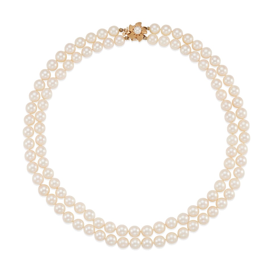 14K GOLD AND CULTURED PEARL DOUBLE STRAND NECKLACE: 14K GOLD AND CULTURED PEARL DOUBLE STRAND NECKLACE • 14k yellow gold • Numerous round cultured pearls measuring approximately 7.55mm - 7.85mm in diameter • Length 16 1/2 in. •