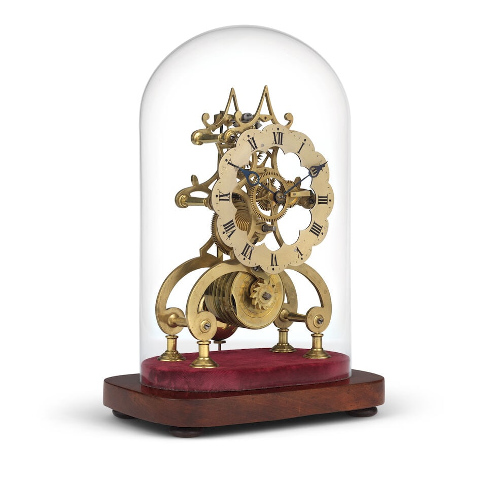A skeleton clock timepiece in glass dome and mahogany base - 2